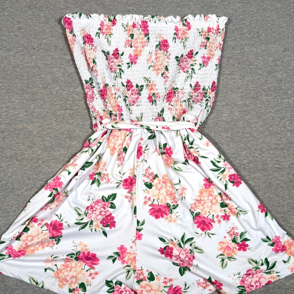 Full Circle Trends Floral Strapless Romper Pink White Smocked Tube Top Large
